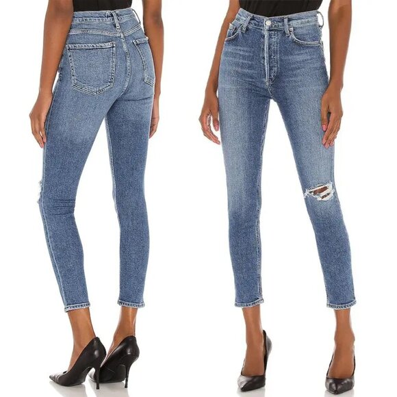 AGOLDE Nico High Rise Slim-Fit Distressed Jeans Shoreline Revolve Button Fly 23 - Picture 1 of 15